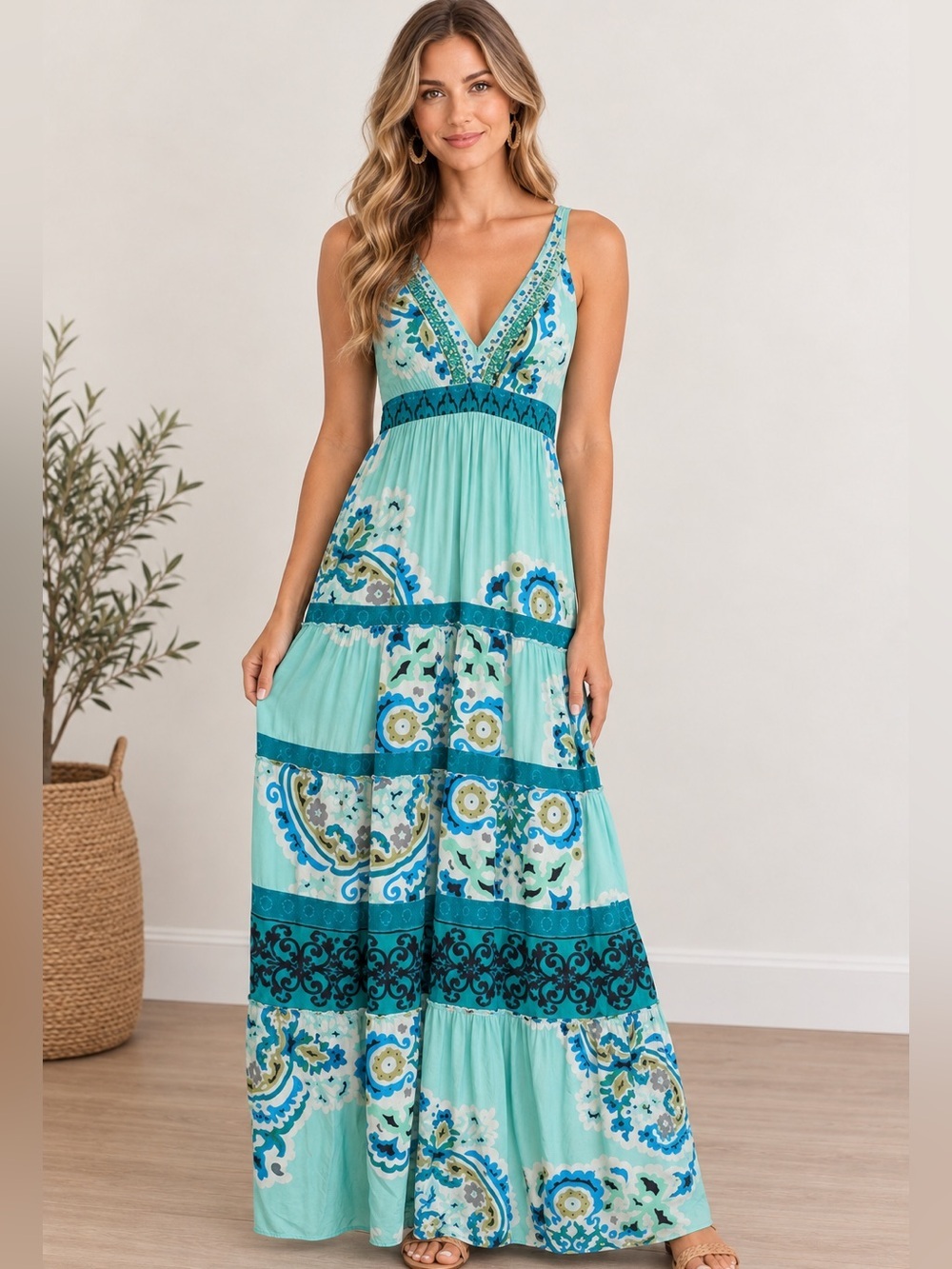 Hale Bob Aqua and Teal Floral Silk Maxi Dress with Strappy Back